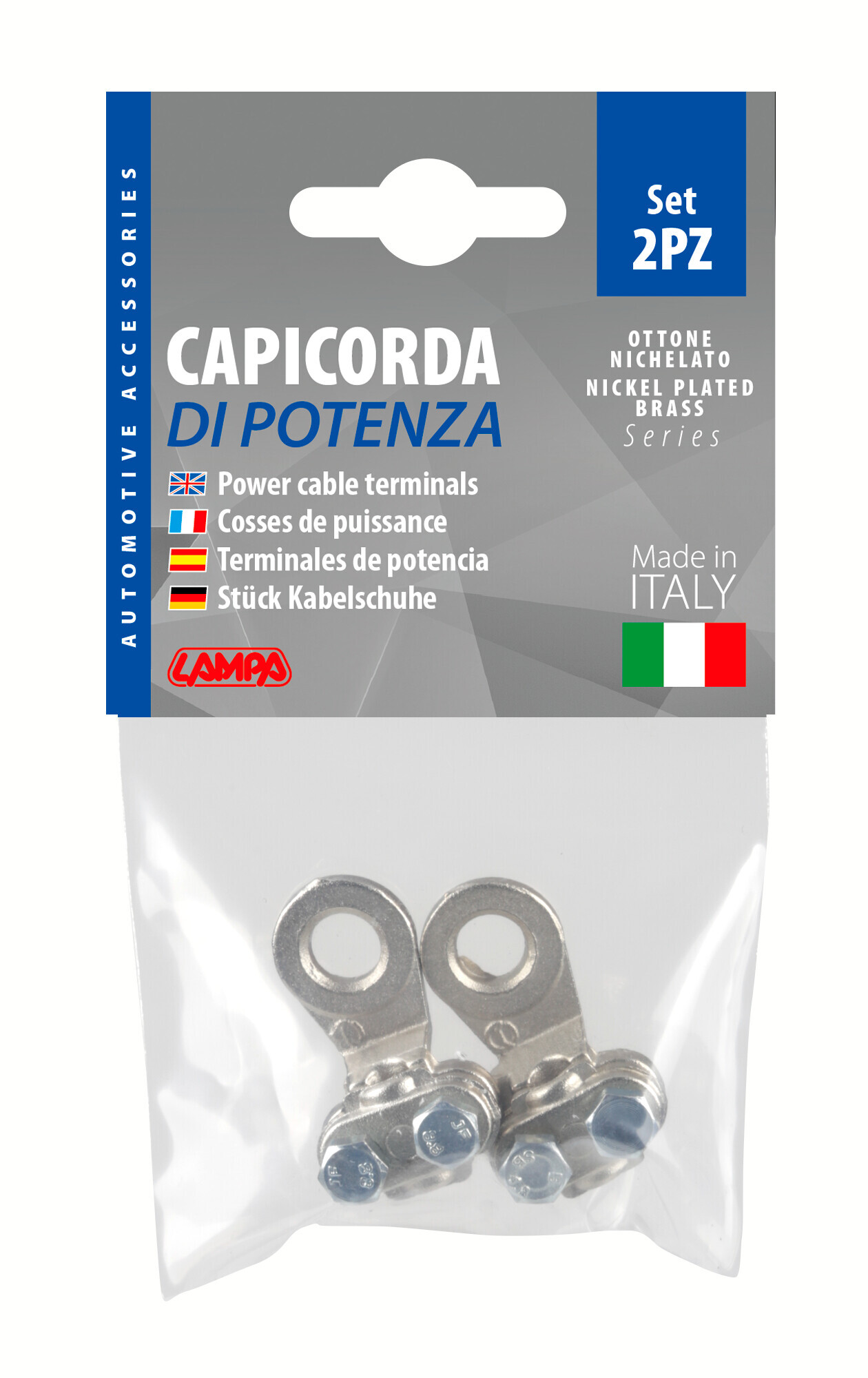 Set 2 pz capicorda di potenza in ottone nichelato, con fissaggio cavo a piastrina - Sezione 16 mm², foro 8 mm - immagine 2