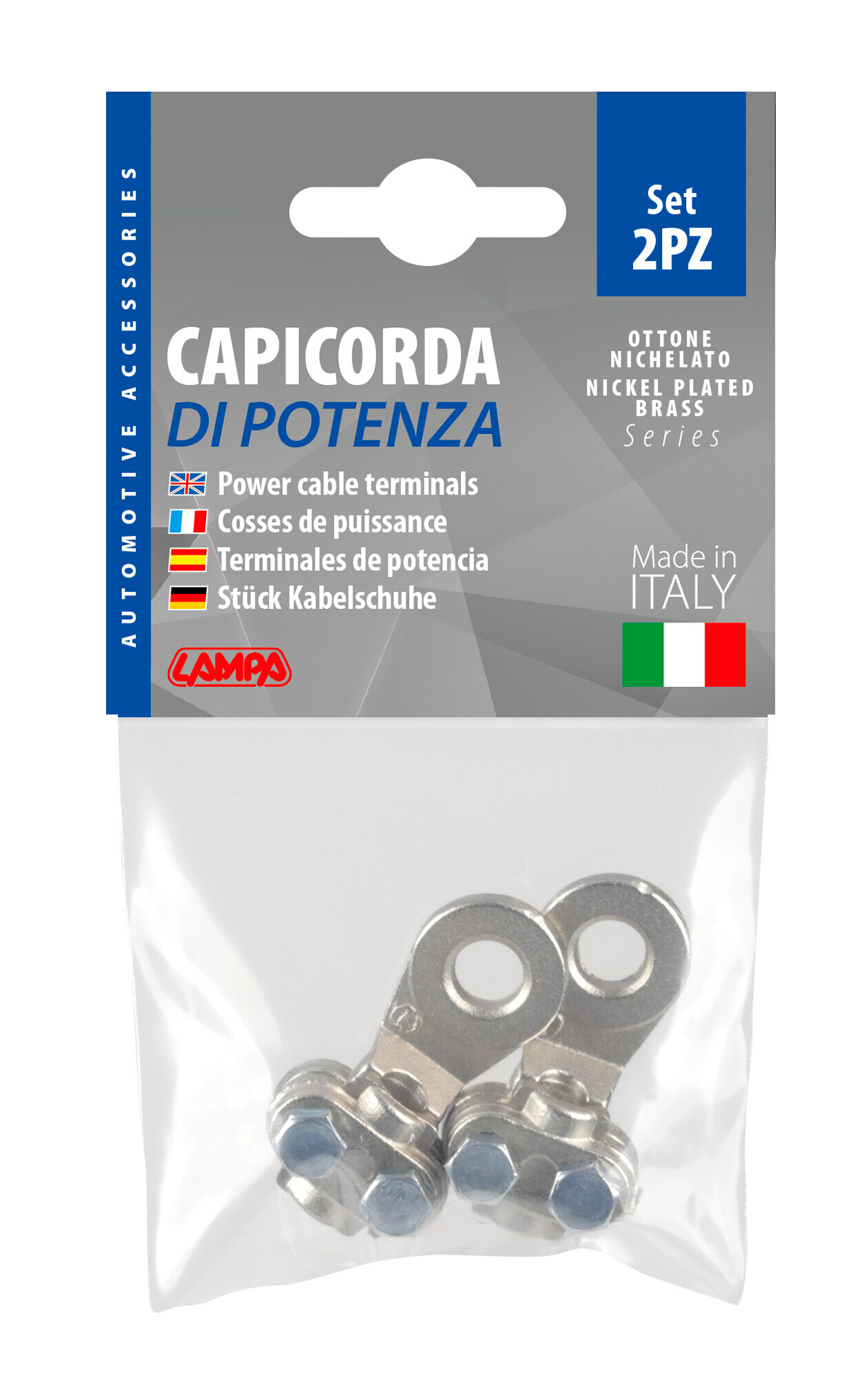 Set 2 pz capicorda di potenza in ottone nichelato, con fissaggio cavo a piastrina - Sezione 25 mm², foro 8 mm - immagine 2