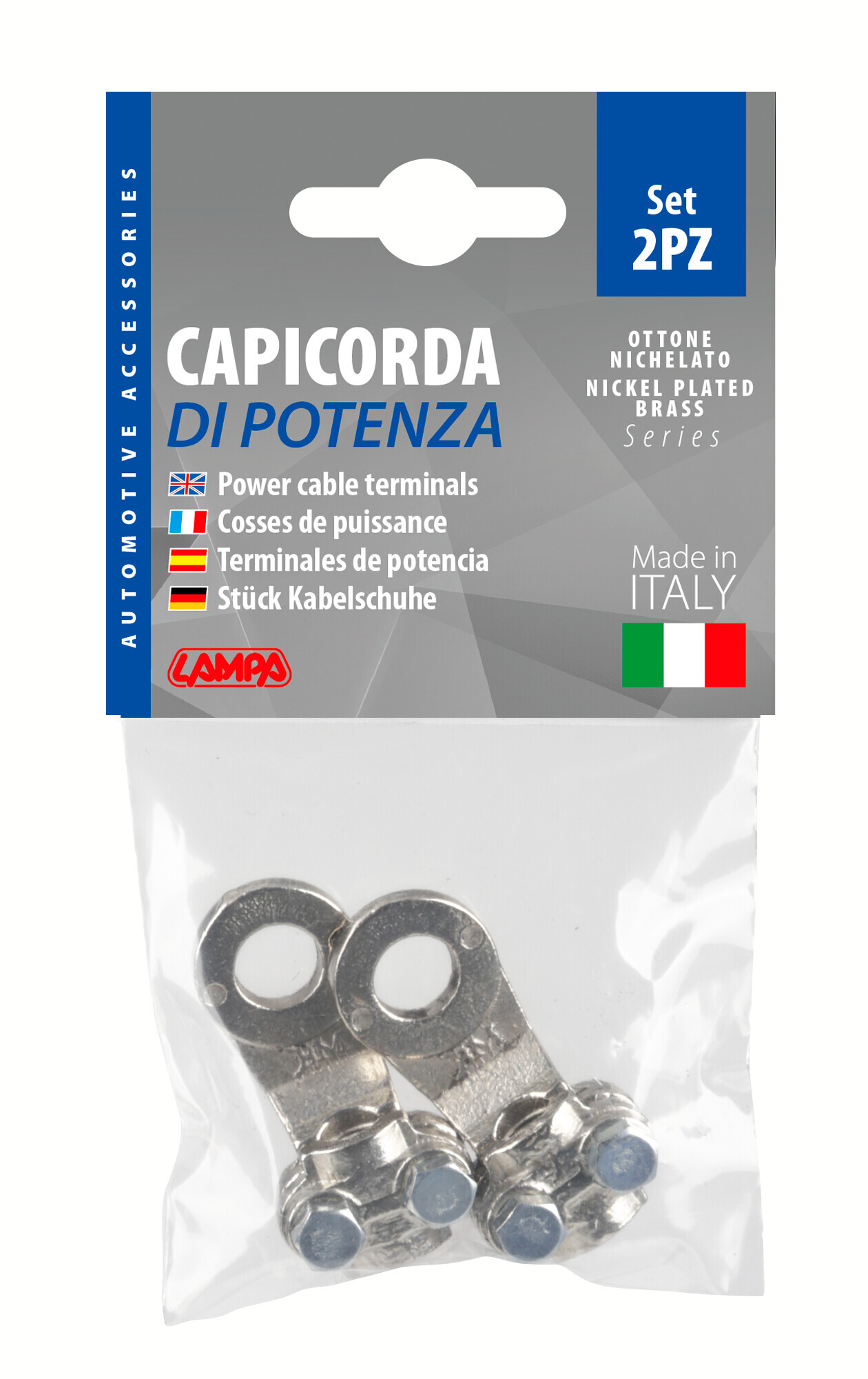 Set 2 pz capicorda di potenza in ottone nichelato, con fissaggio cavo a piastrina - Sezione 35 mm², foro 10 mm - immagine 2