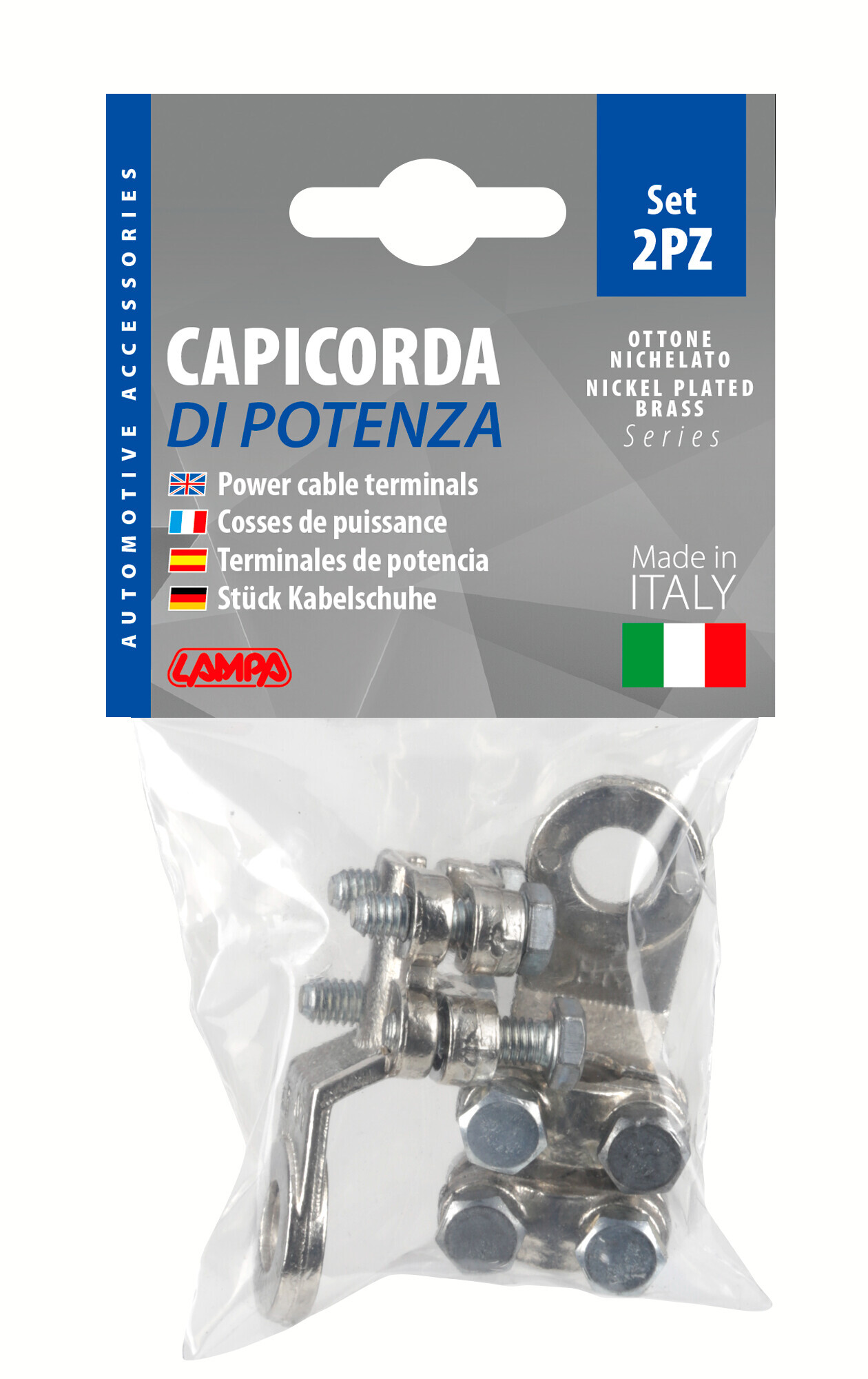 Set 2 pz capicorda di potenza in ottone nichelato, con fissaggio cavo a doppia piastrina - Sezione 50 mm², foro 10 mm - immagine 2