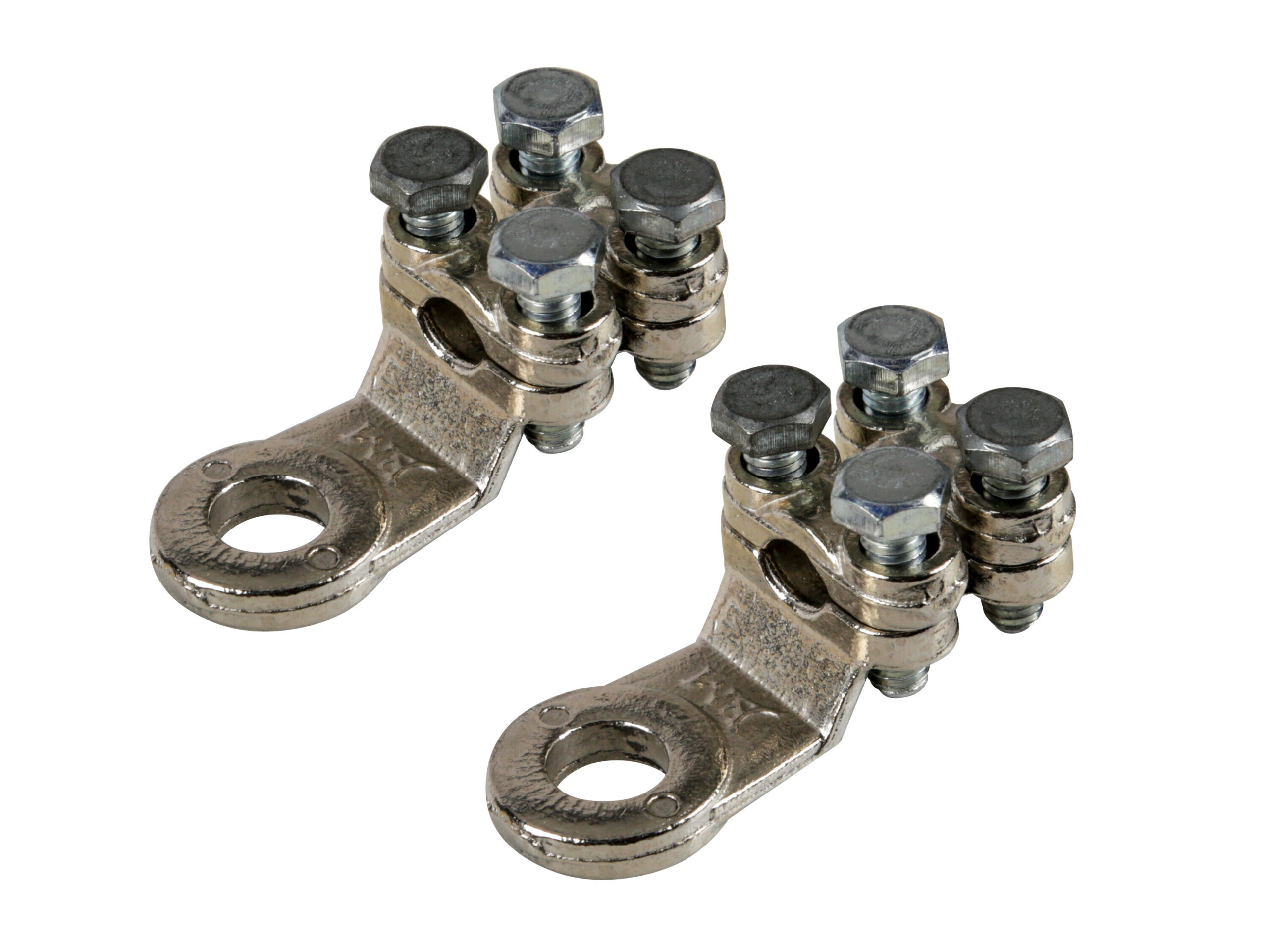 Set 2 pz capicorda di potenza in ottone nichelato, con fissaggio cavo a doppia piastrina - Sezione 50 mm², foro 10 mm