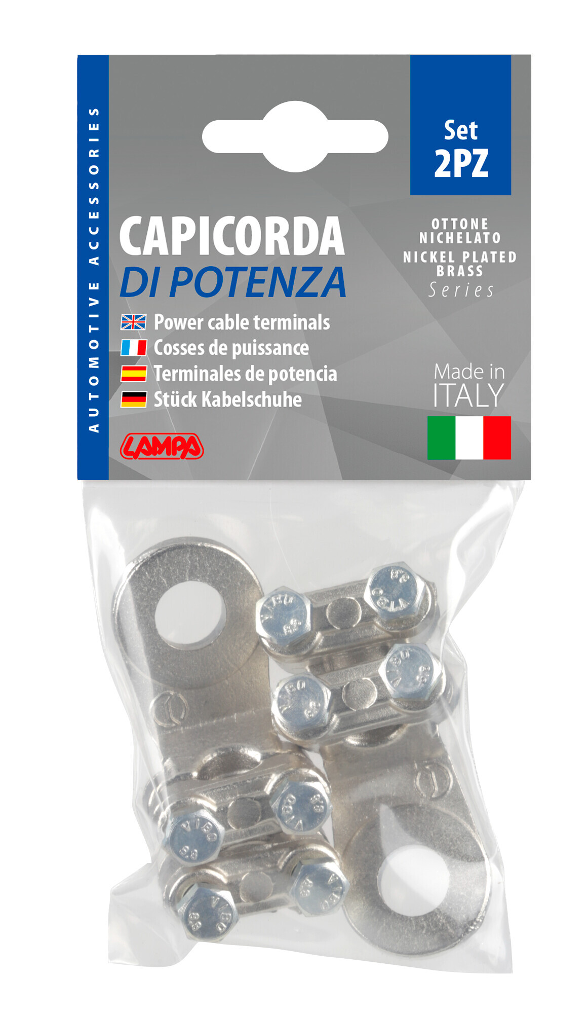 Set 2 pz capicorda di potenza in ottone nichelato, con fissaggio cavo a doppia piastrina - Sezione 70 mm², foro 12 mm - immagine 2