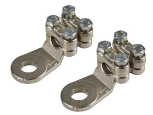 Set 2 pz capicorda di potenza in ottone nichelato, con fissaggio cavo a doppia piastrina - Sezione 70 mm&sup2;, foro 12 mm