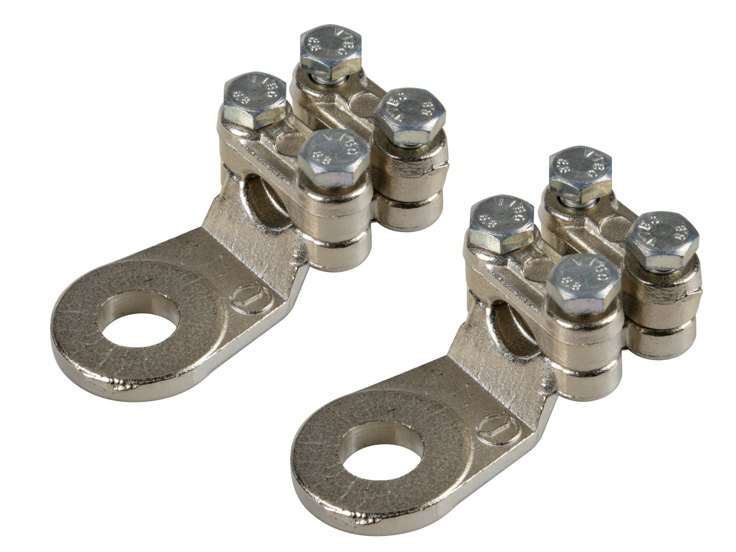 Set 2 pz capicorda di potenza in ottone nichelato, con fissaggio cavo a doppia piastrina - Sezione 70 mm², foro 12 mm