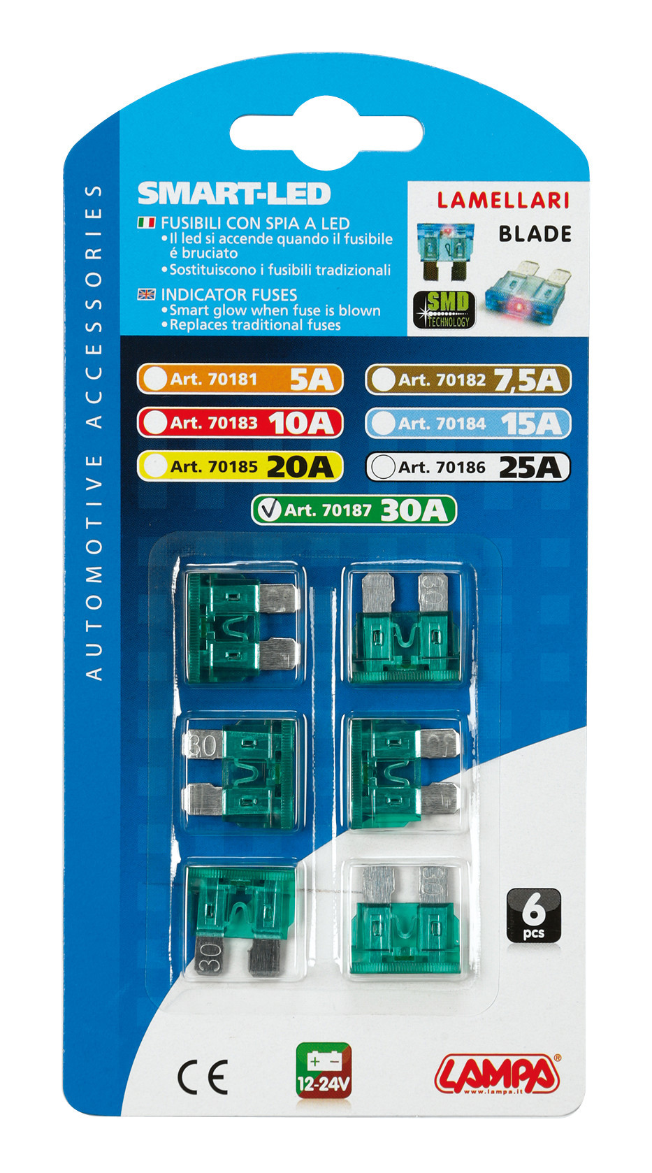 Smart Led, set 6 fusibili lamellari con spia a led, 12/32V - 30A 2 Smart Led, set 6 fusibili lamellari con spia a led, 12/32V - 30A - immagine 2