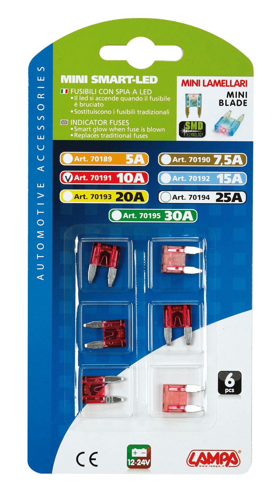 Smart Led, set 6 micro-fusibili lamellari con spia a led, 12/32V - 10A 2 Smart Led, set 6 micro-fusibili lamellari con spia a led, 12/32V - 10A - immagine 2