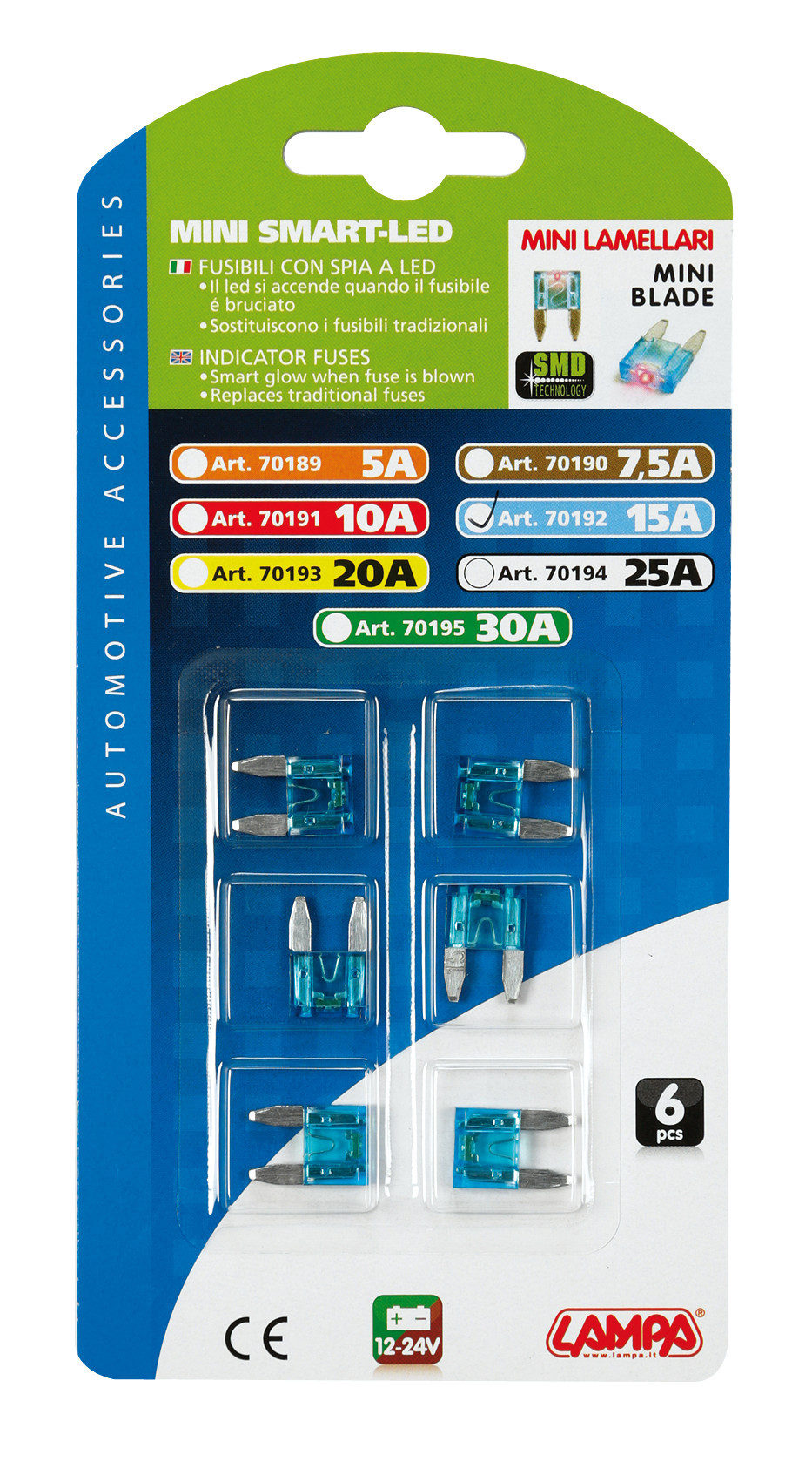 Smart Led, set 6 micro-fusibili lamellari con spia a led, 12/32V - 15A 2 Smart Led, set 6 micro-fusibili lamellari con spia a led, 12/32V - 15A - immagine 2