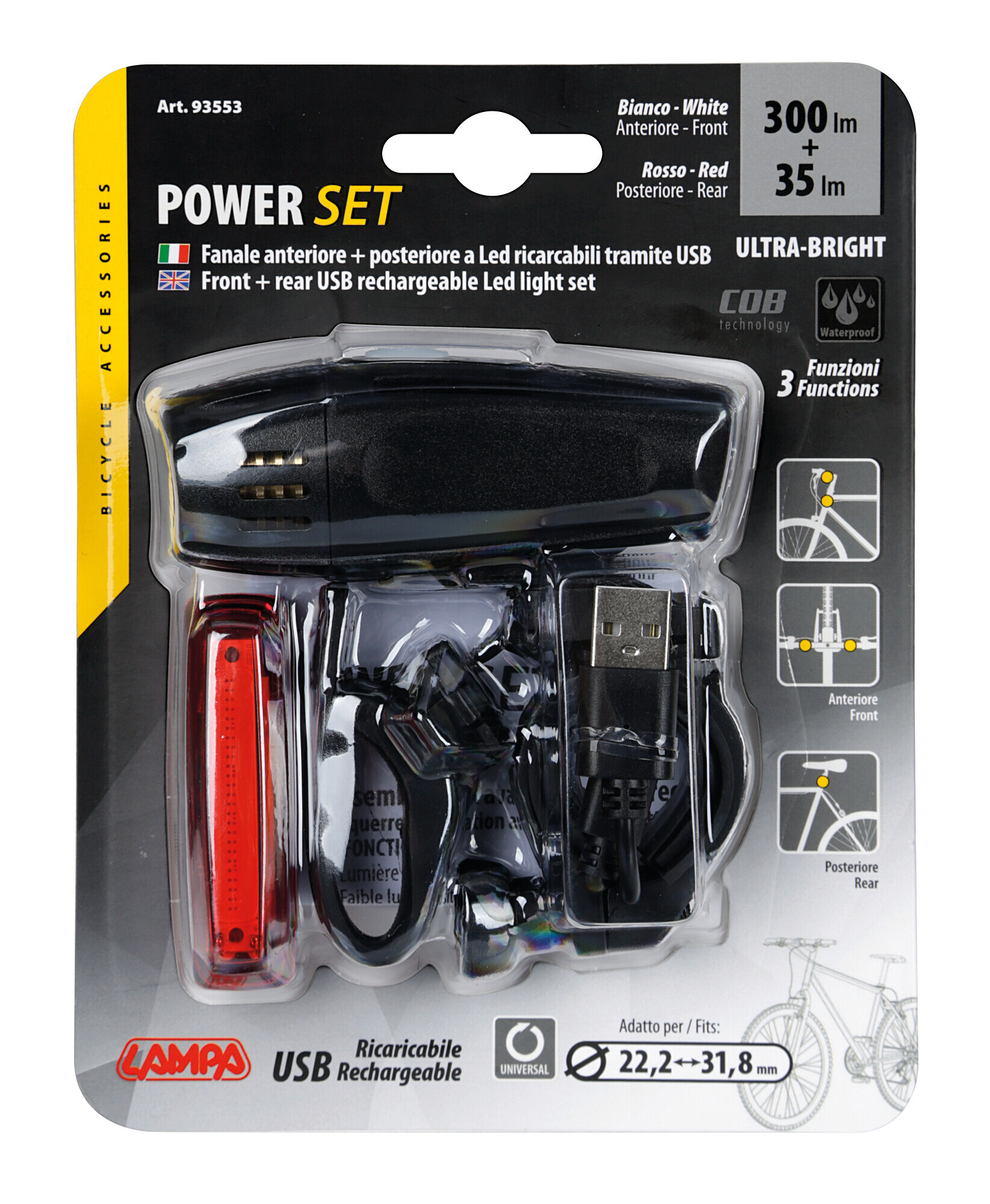 Power, set fanale anteriore + posteriore a Led, ricaricabili USB - immagine 7
