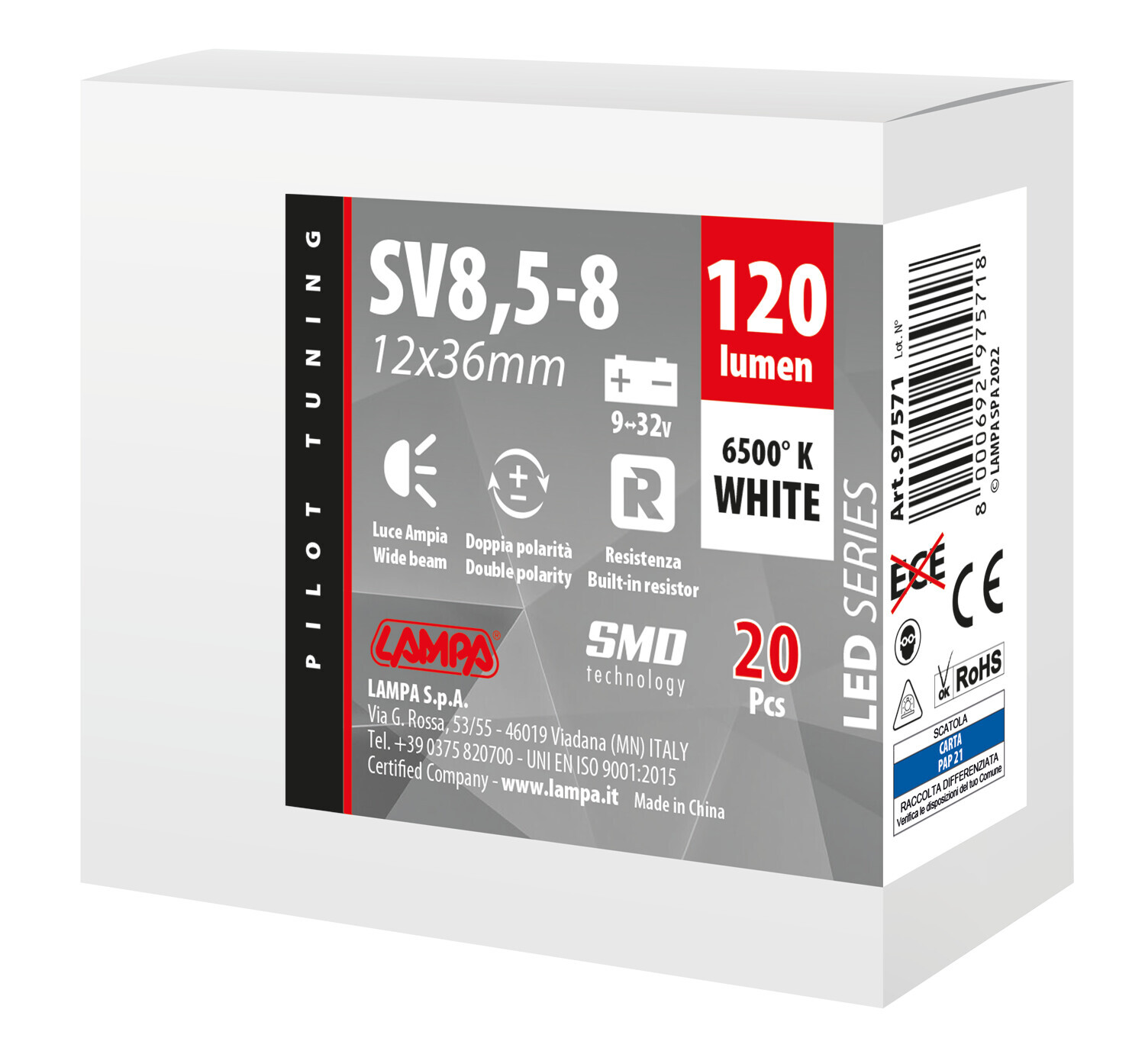 9/32V Led Series 2 SMD x 1 chip - 12x36 mm - SV8,5-8 - 20 pz - Scatola - Bianco - Doppia polarità - Resistenza incorporata - immagine 3