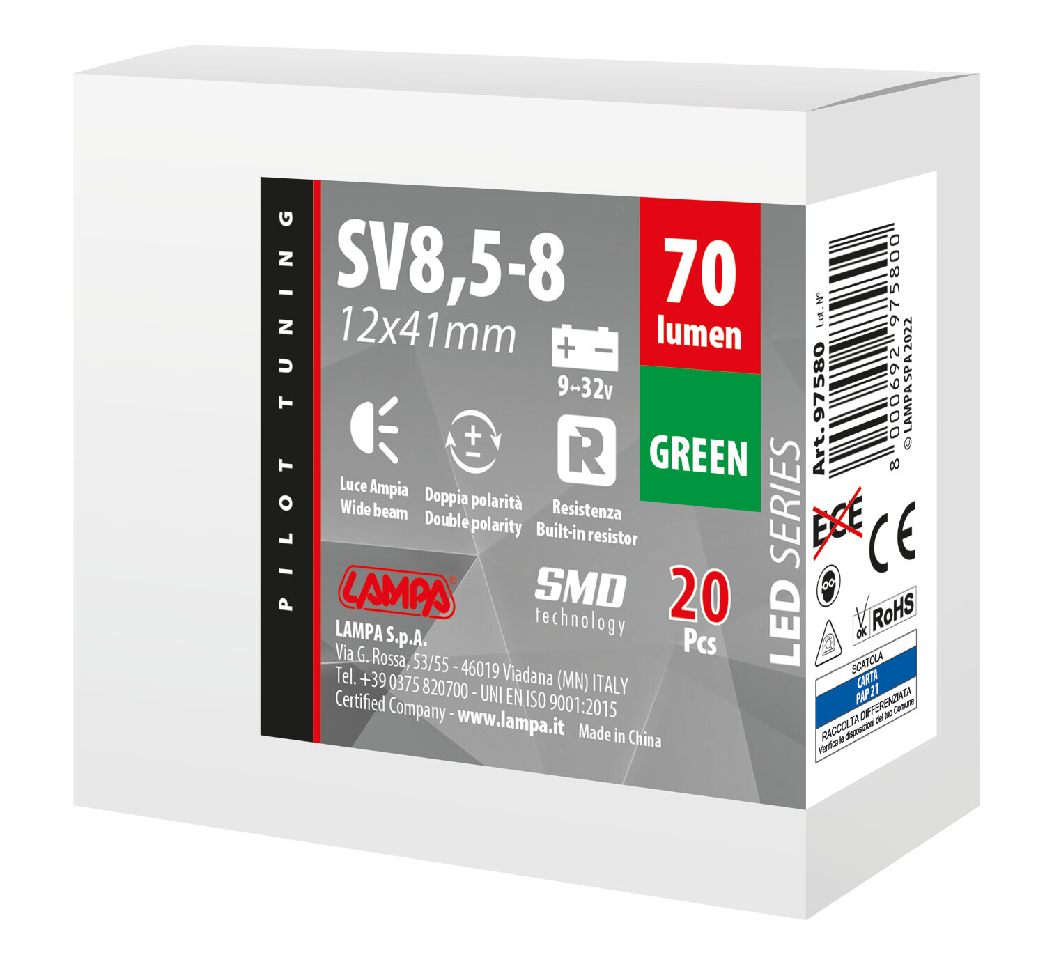 9/32V Led Series 2 SMD x 1 chip - 12x41 mm - SV8,5-8 - 20 pz - Scatola - Verde - Doppia polarità - Resistenza incorporata - immagine 3