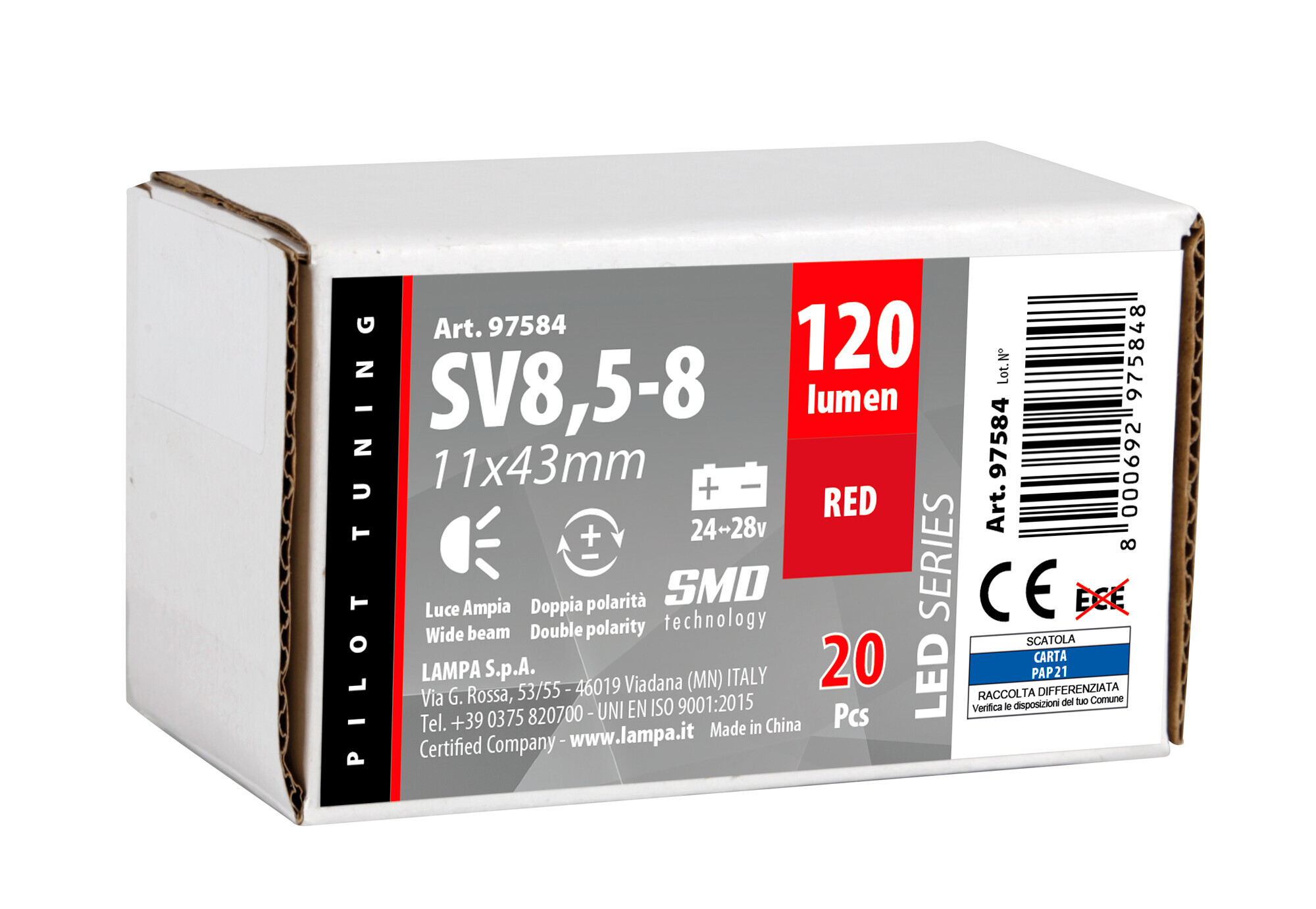 24/28V Led Series - 12 Led SMD - 11x43 mm - SV8,5-8 - 20 pz - Scatola - Rosso - Doppia polarità - immagine 2