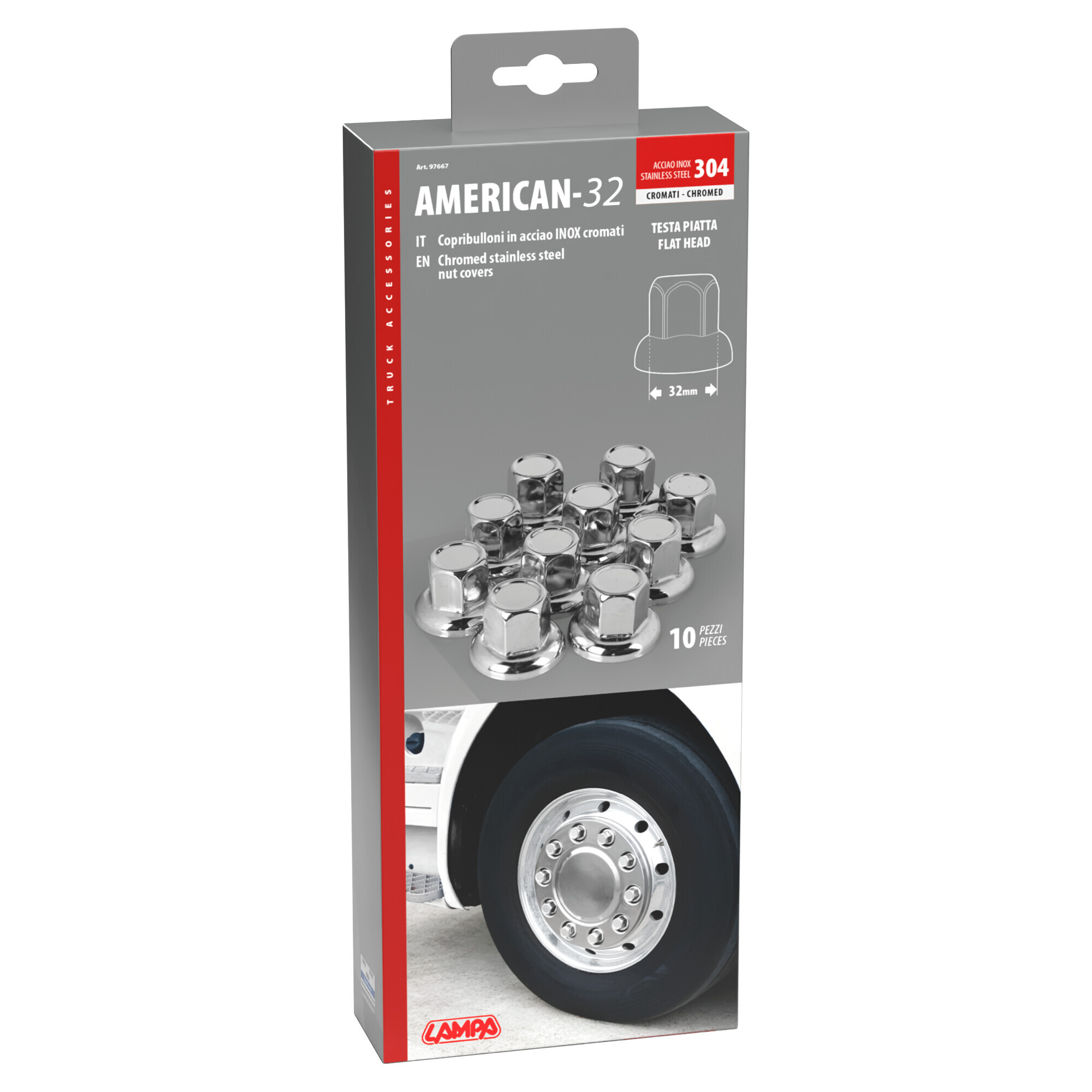 American, Set 10 copribulloni testa piatta in acciaio inox - Ø 32 mm - Cromo - immagine 2