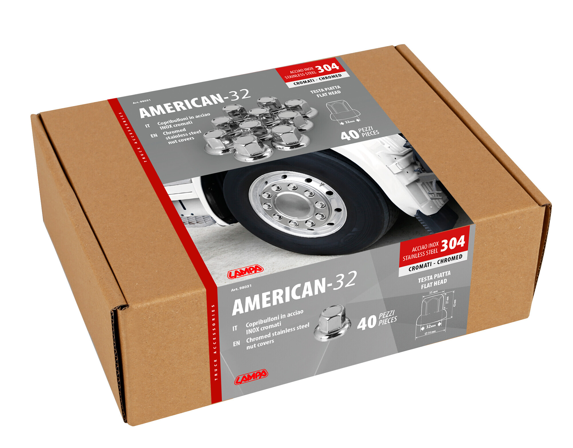 American, Set 40 copribulloni testa piatta in acciaio inox - Ø 32 mm - Cromo - immagine 3