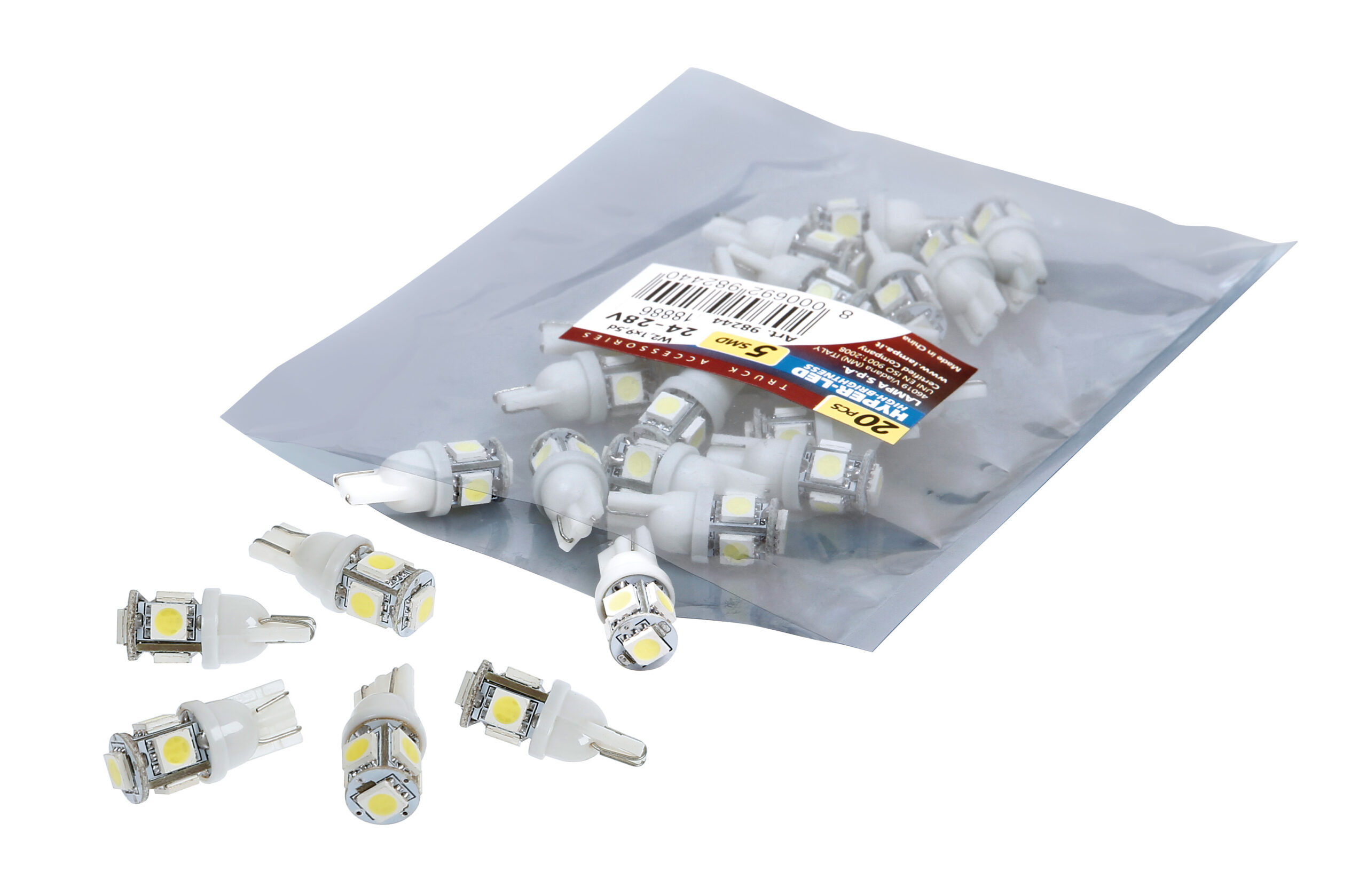 24/28V Hyper-Led 15 - 5 SMD x 3 chips - (T10) - W2,1x9,5d - 20 pz - Scatola - Bianco - Doppia polarità - immagine 3