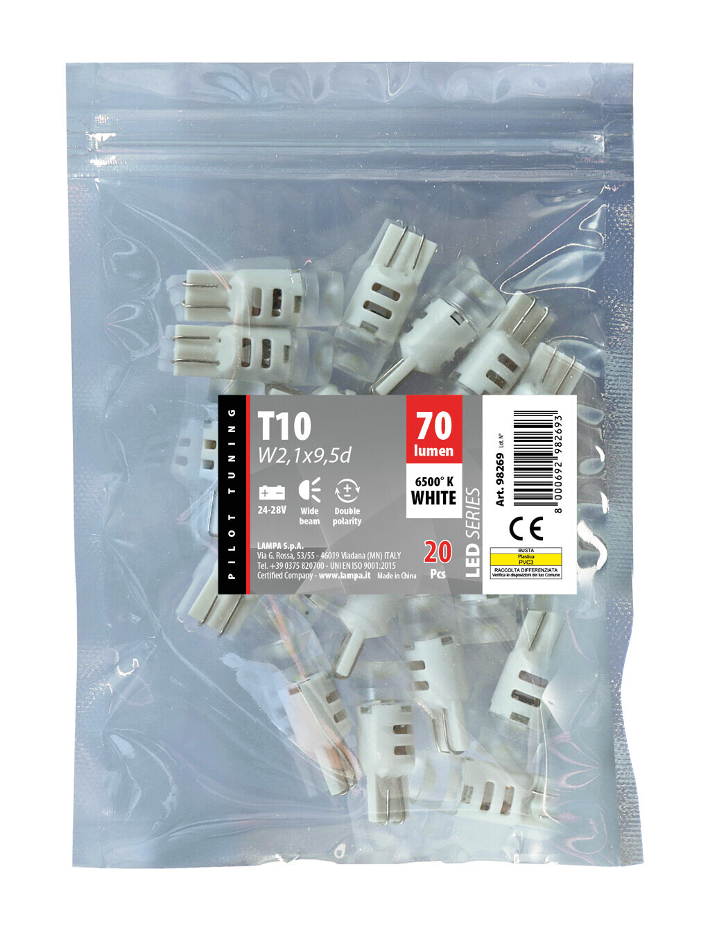 24/28V Mega-Led 3 - 3 SMD x 1 chip - (T10) - W2,1x9,5d - 20 pz - Busta - Bianco - Doppia polarità - immagine 2