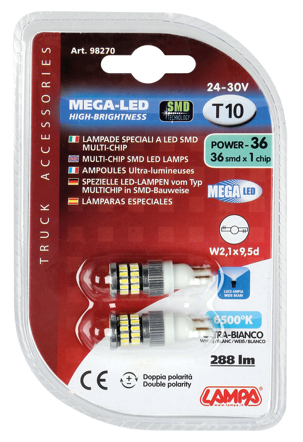 24/30V Mega-Led 36 - 36 SMD x 1 chip - (T10) - W2,1x9,5d - 2 pz - D/Blister - Bianco - Doppia polarità - immagine 2