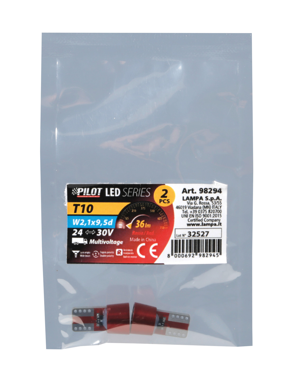 24/30V Led series - 6 Led SMD - (T10) - W2,1x9,5d - 2 pz - Scatola - Rosso - Doppia polarità - Resistenza incorporata - immagine 2