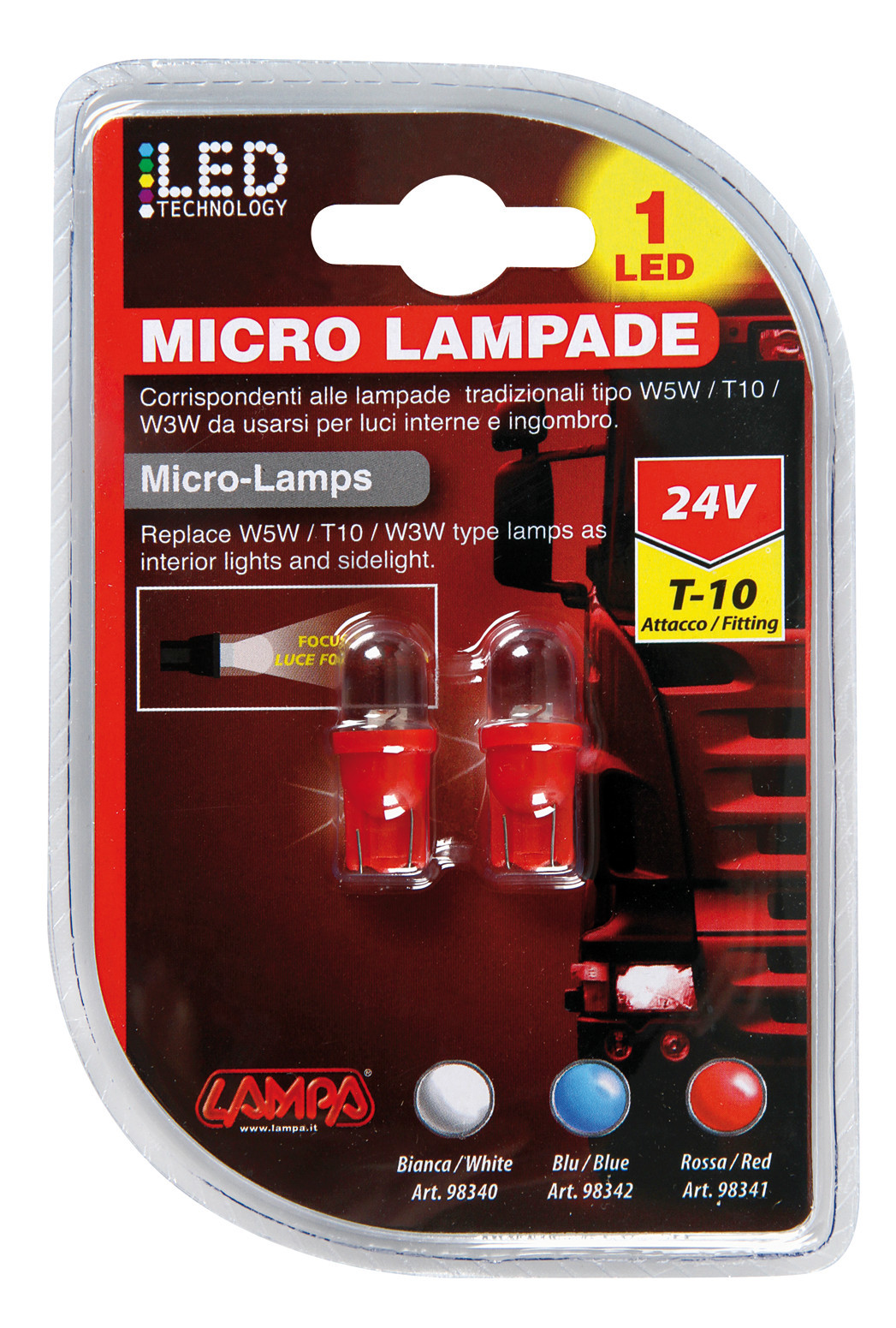 24V Micro lampada 1 Led - (T10) - W2,1x9,5d - 2 pz - D/Blister - Rosso - immagine 2