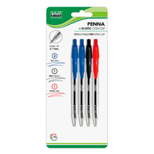 Penna a scatto con clip, punta diametro 1 mm, set 4 pz