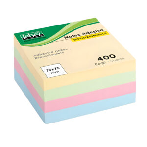 Memo stick adesivi riposizionabili, linea Pastel, cubo da 400 fogli, 75 x 75 mm