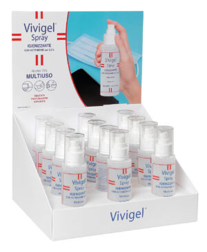 Vivigel, espositore da banco completo di 12 pz igienizzante multiuso 100 ml