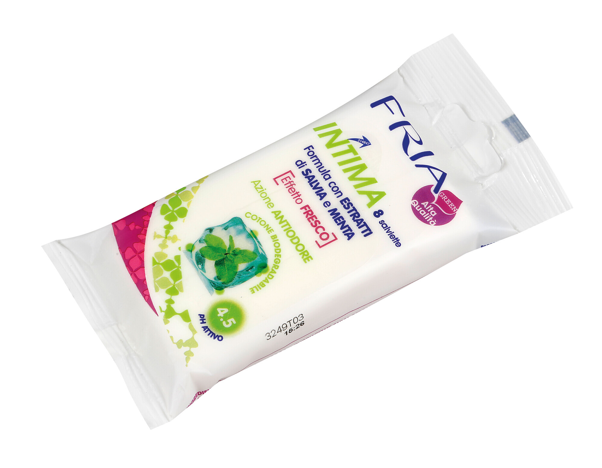 Fria, “intima” Salviette azione antiodore con estratti di salvia e menta - 8 salviette - Confezione da 24 pezzi