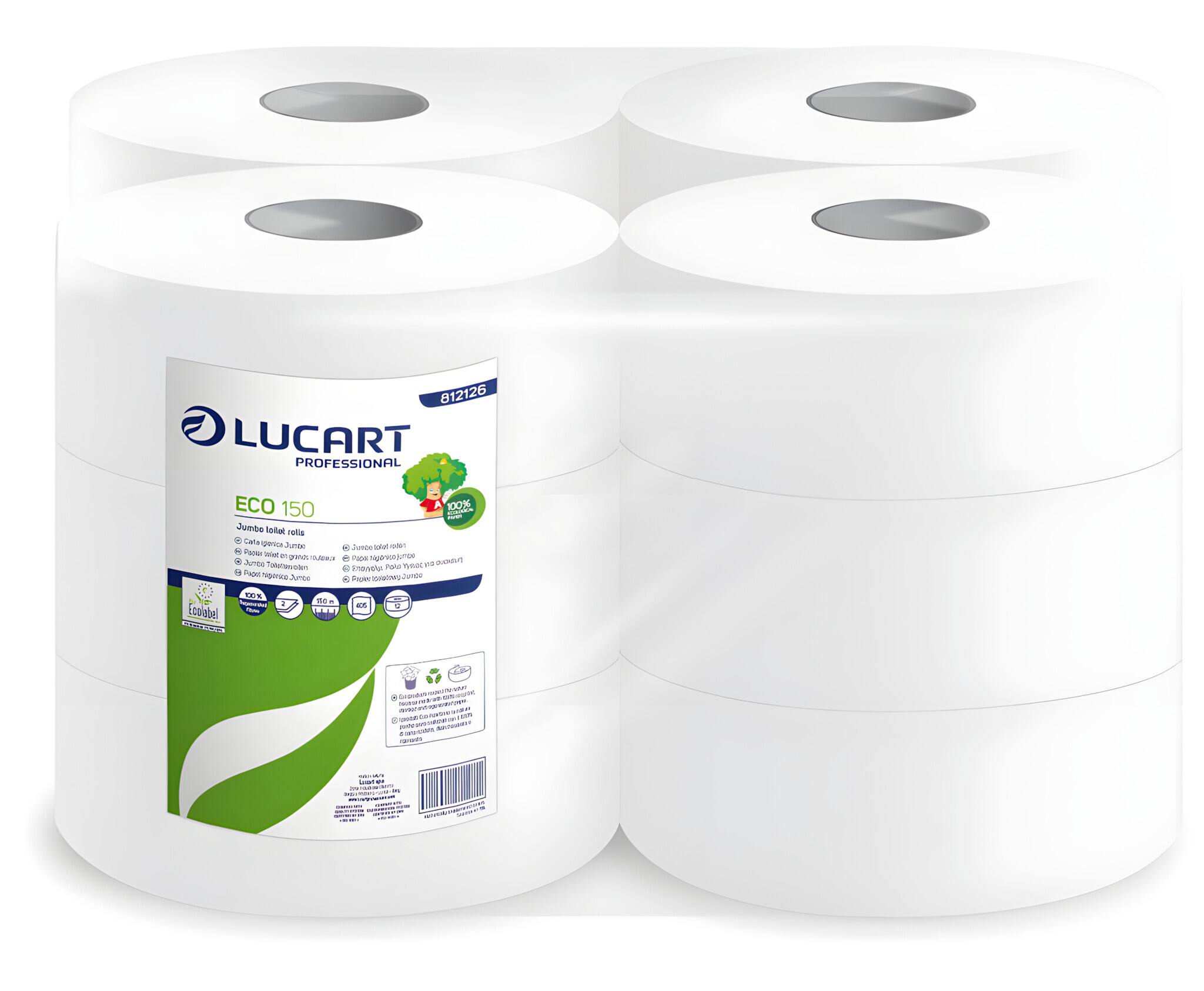 Carta igienica Lucart Eco 150 Mini Jumbo - 2 veli, 405 strappi - Conf. 12 rotoli