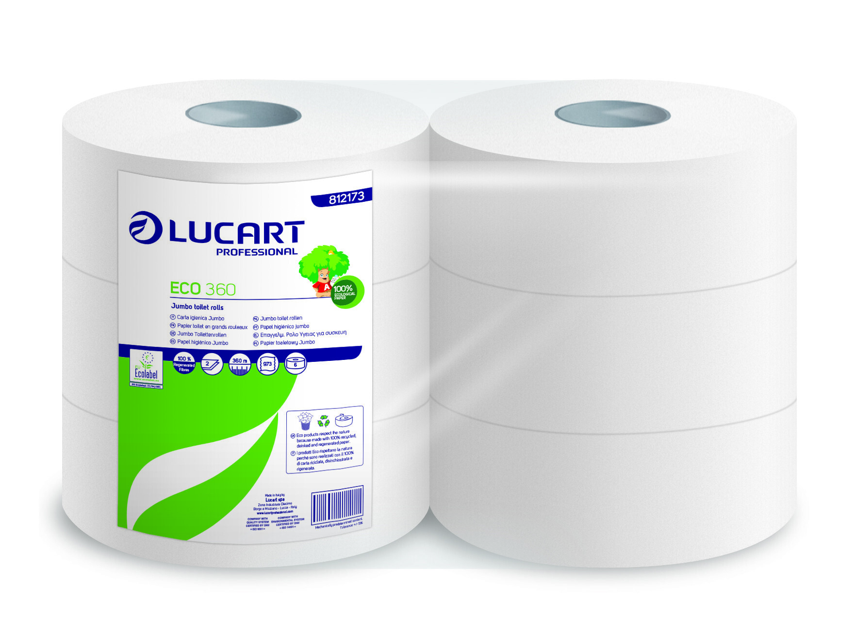 Carta igienica Lucart Eco 360 Jumbo - 2 veli, 973 strappi - Conf. 6 rotoli